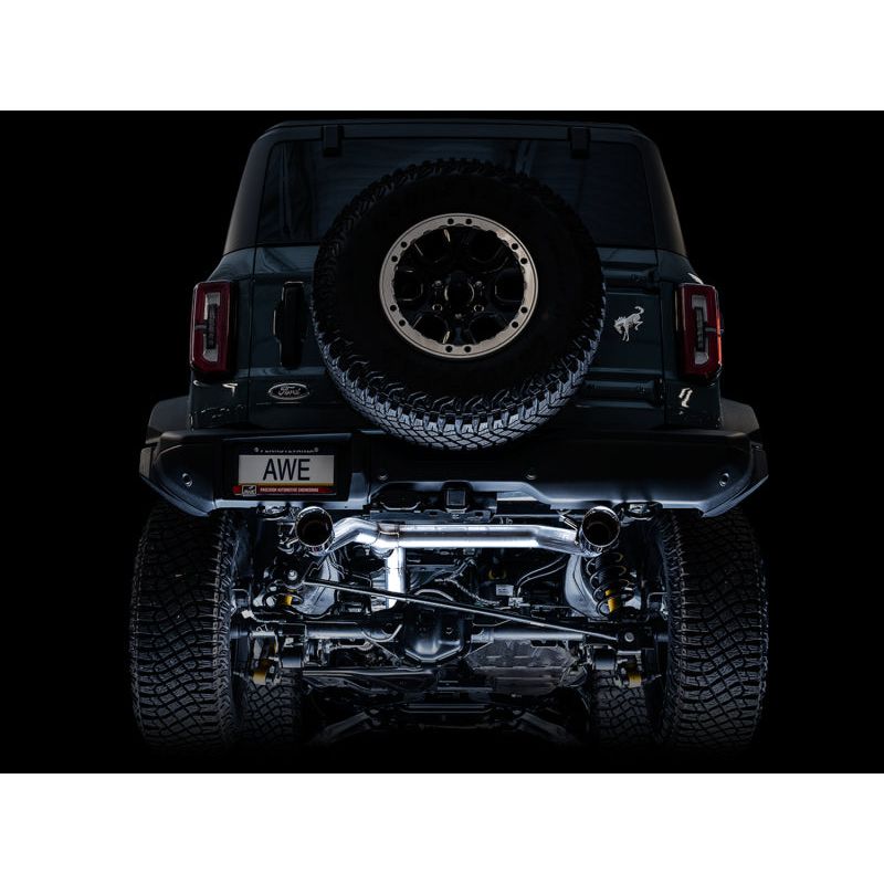 AWE Tuning 2021+ Ford Bronco 0FG Dual Rear Exit Exhaust w/Diamond Black Tips & Bash Guard NP Motorsports