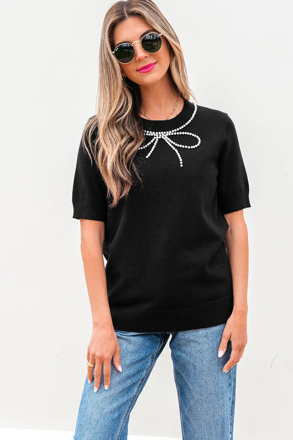 Bria Pearl Bow Short Sleeve Knitted Top Threaded Pear