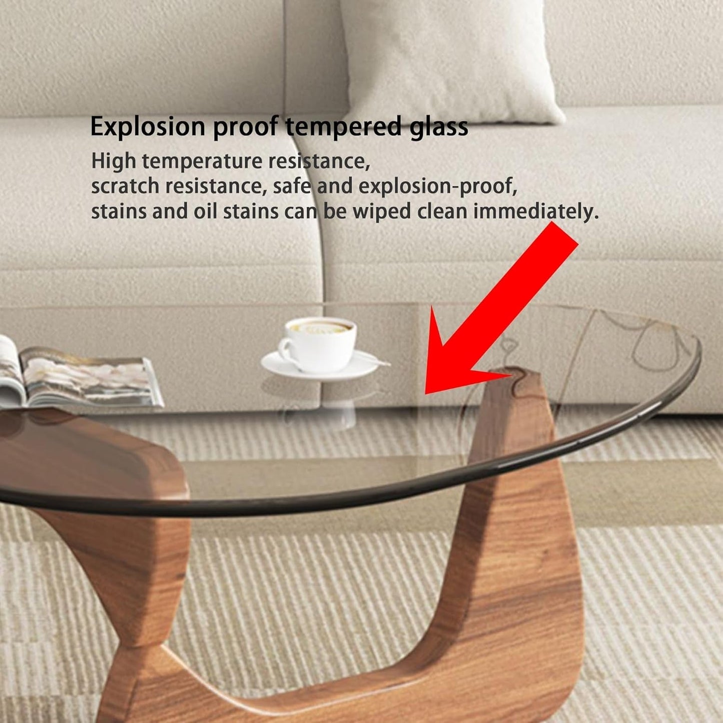 Walnut Clear Glass Oval Coffee Table Diameter 32.68 Inch ShipItFurniture