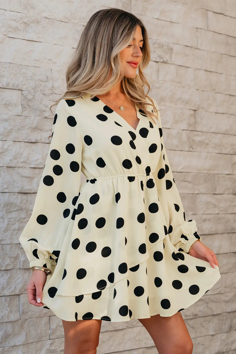 Kataleya Polka Dot Puff Sleeve Mini Dress Threaded Pear