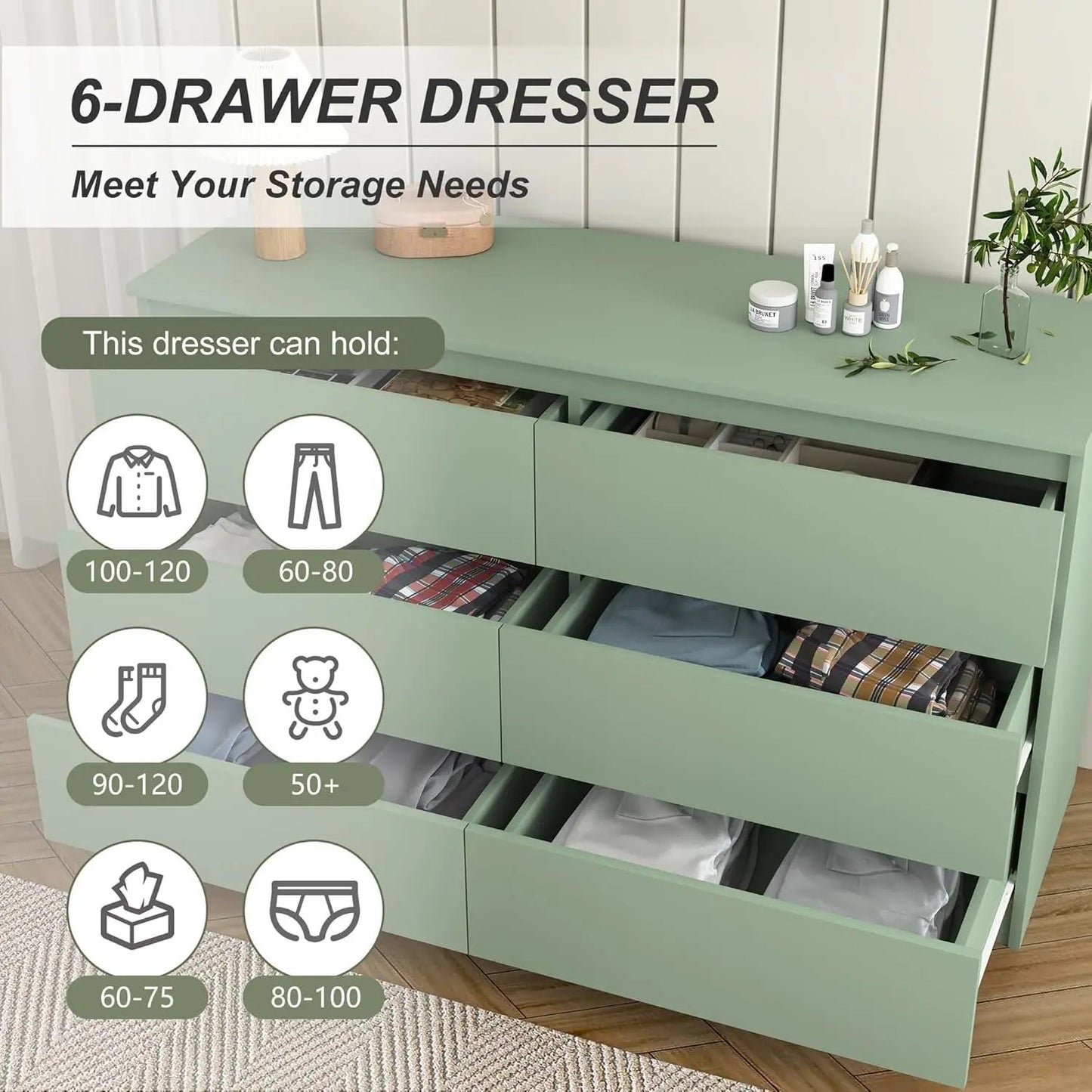 Dresser for Bedroom,Modern 6 Drawer Dresser with Deep Drawer,Storage Chest of Drawer,Wood Bedroom Dresser with Handle Free Design,Tv Stand Dresser for Living Room-4