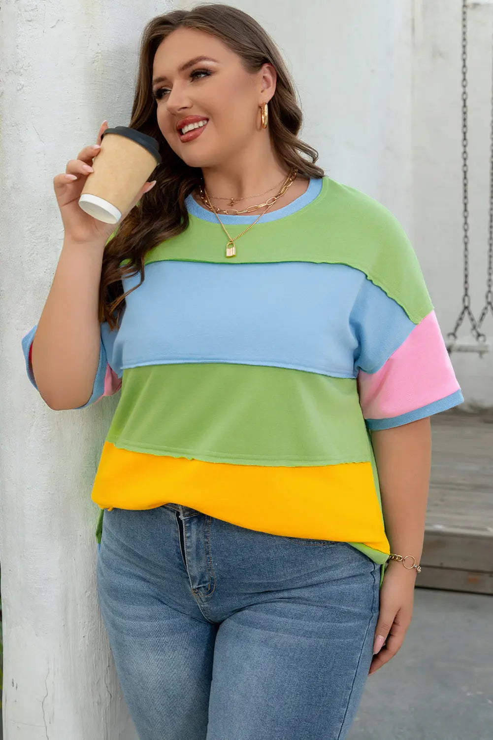 Juliet Plus Size Exposed Seam Patchwork Top Threaded Pear