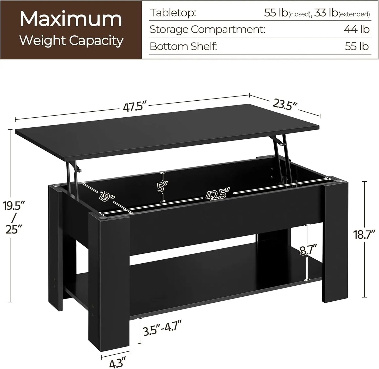 Lift Top Coffee Table With Hidden Compartment 47.5 Inch ShipItFurniture