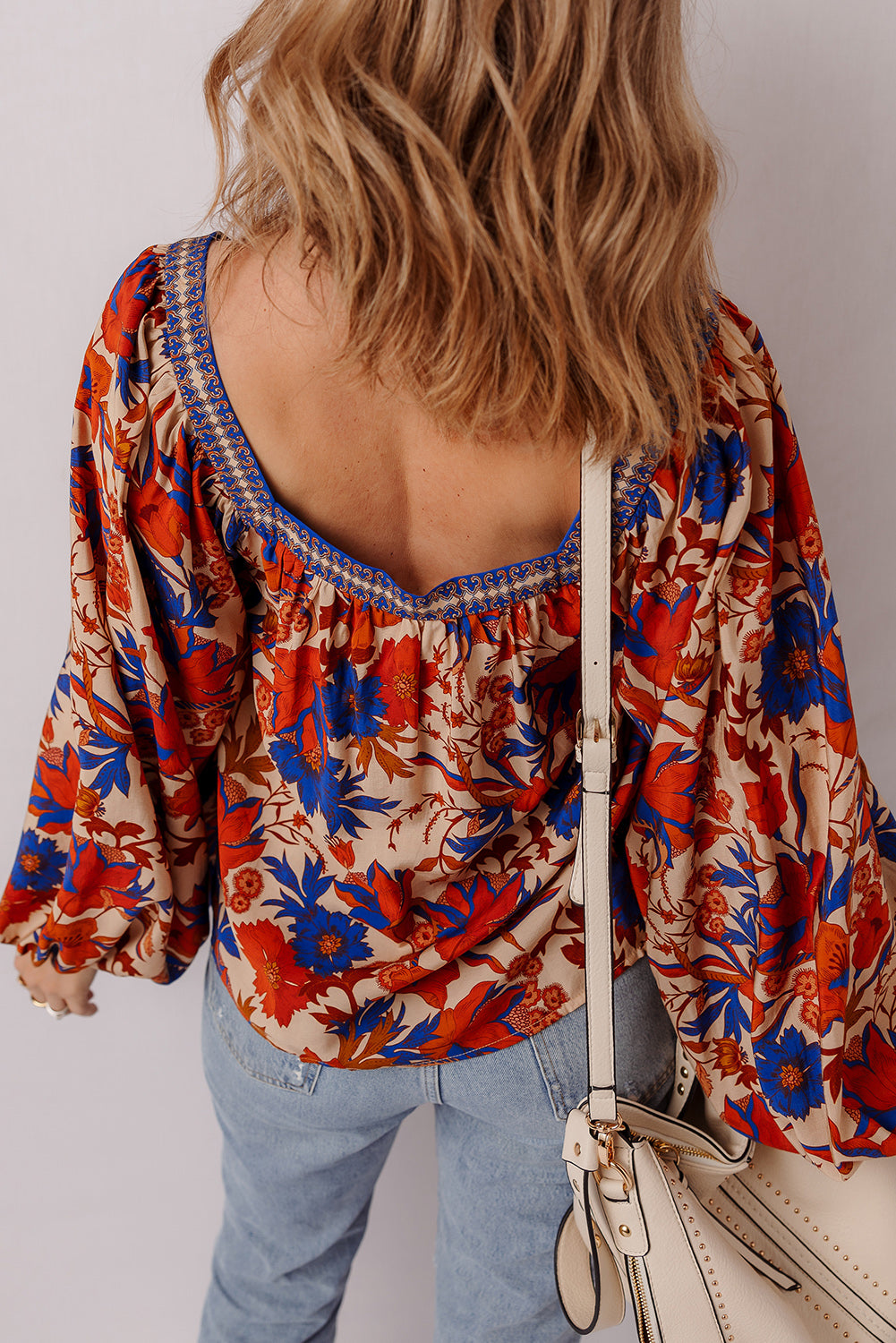 Adeline Floral Print Square Neck Backless Loose Fit Blouse Threaded Pear