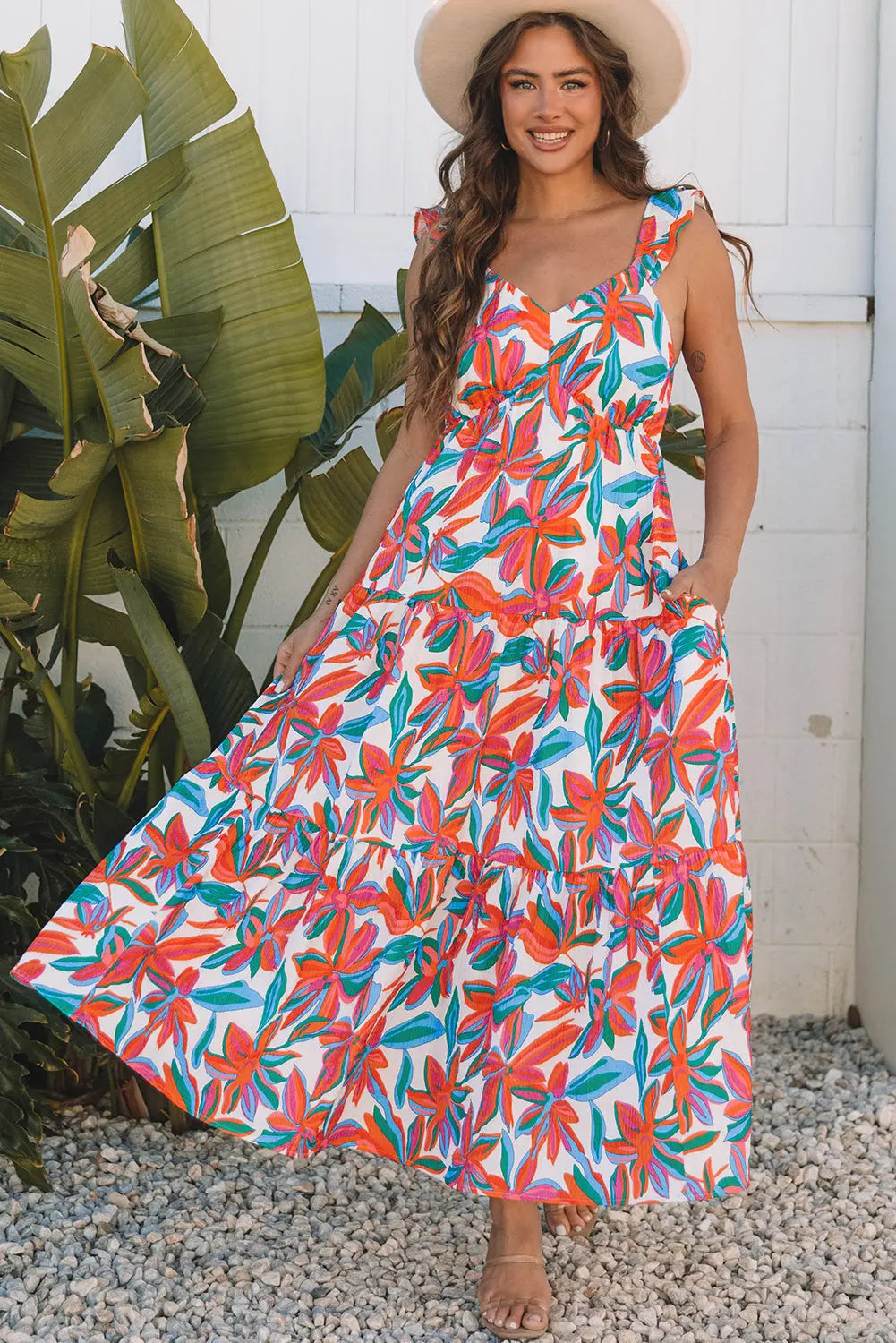 Alice Boho Floral Ruffled Strap Maxi Dress Threaded Pear