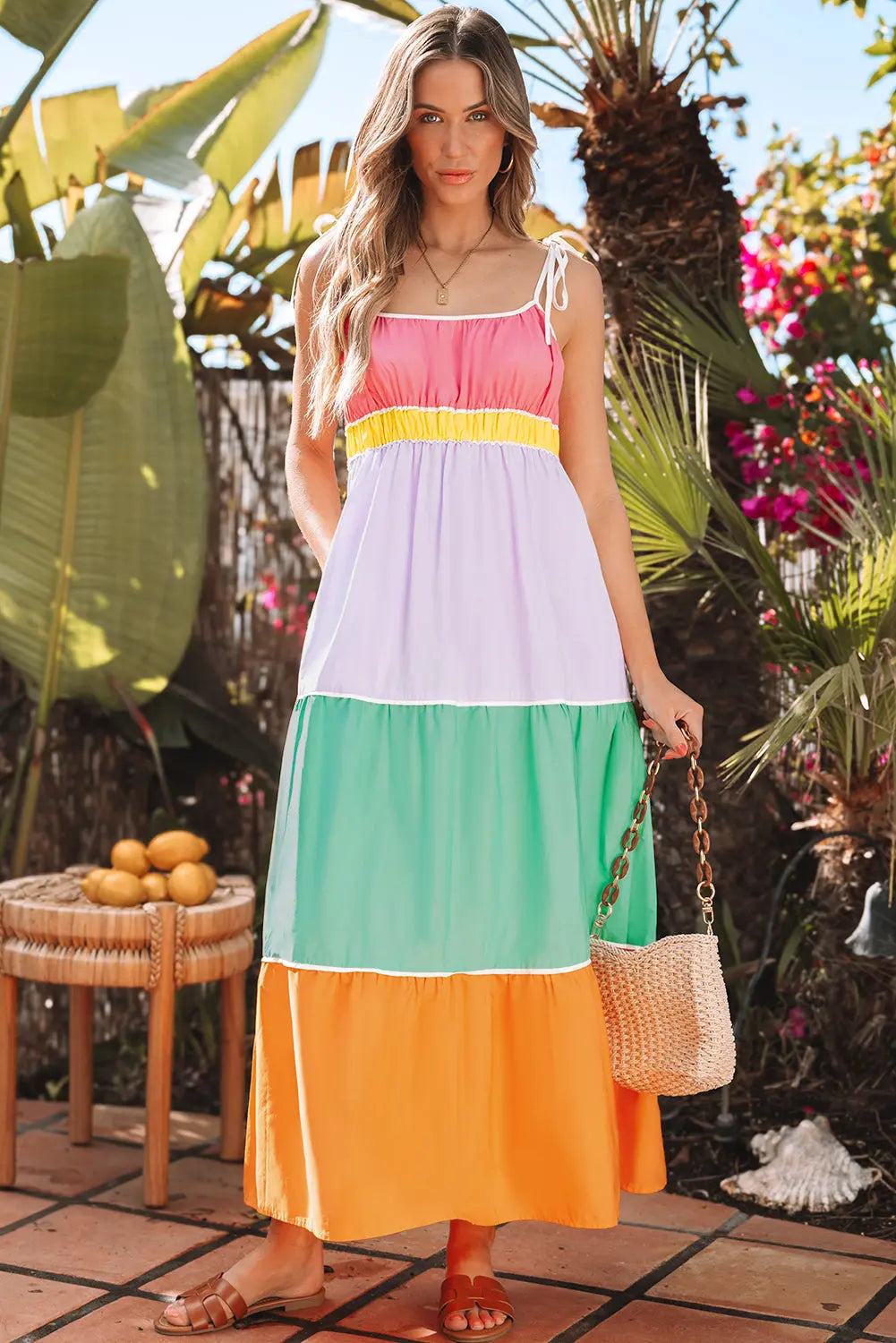Cassandra Colorblock Self-tie High Waist Maxi Dress Threaded Pear