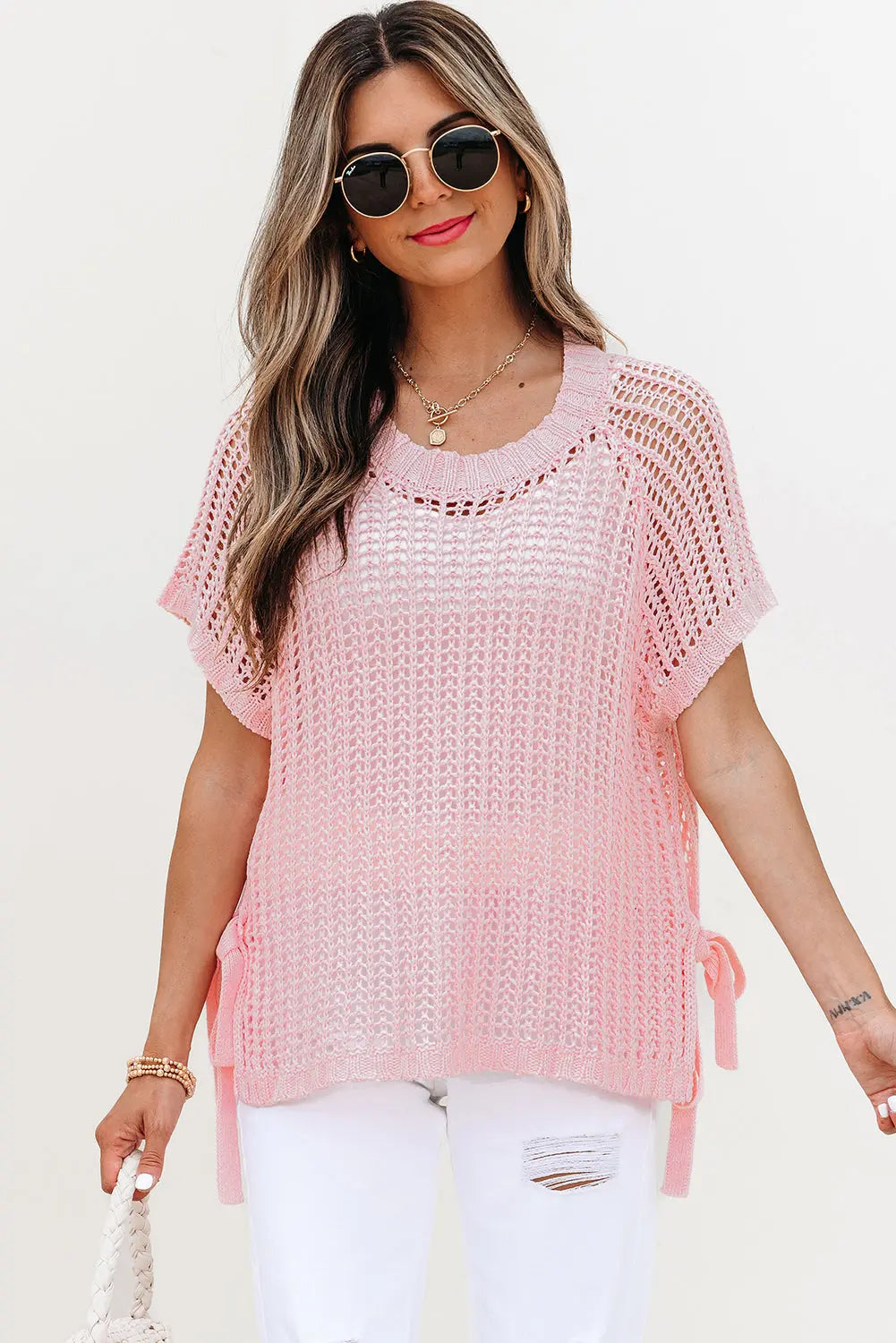 Lettie Hollow-out Crochet Side Tied Short Sleeve Sweater Threaded Pear