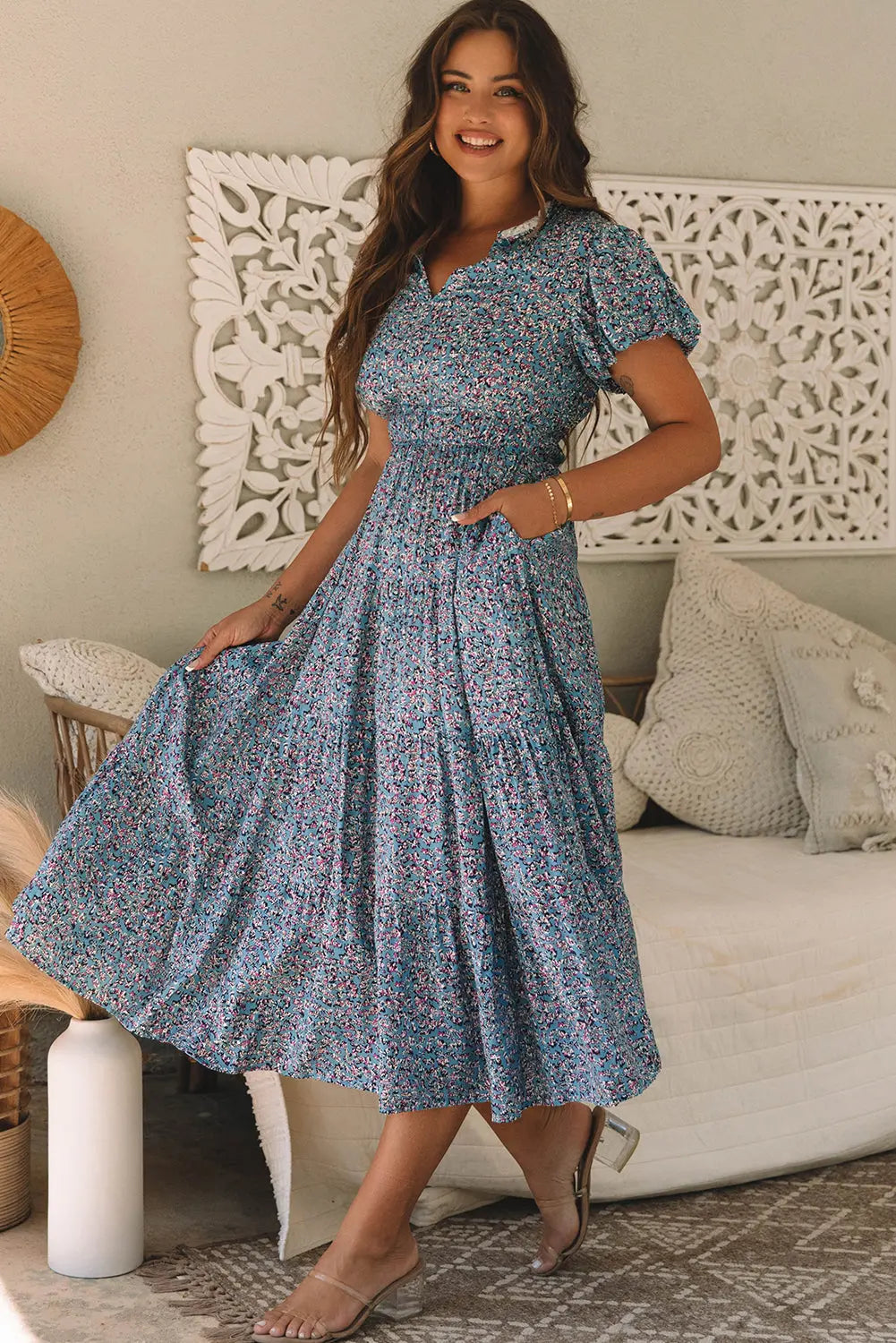 Helena Shirred Short Puff Sleeve Maxi Dress Threaded Pear