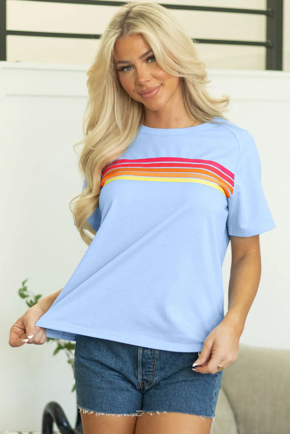 Priscilla Striped Patch Front Casual Top Threaded Pear