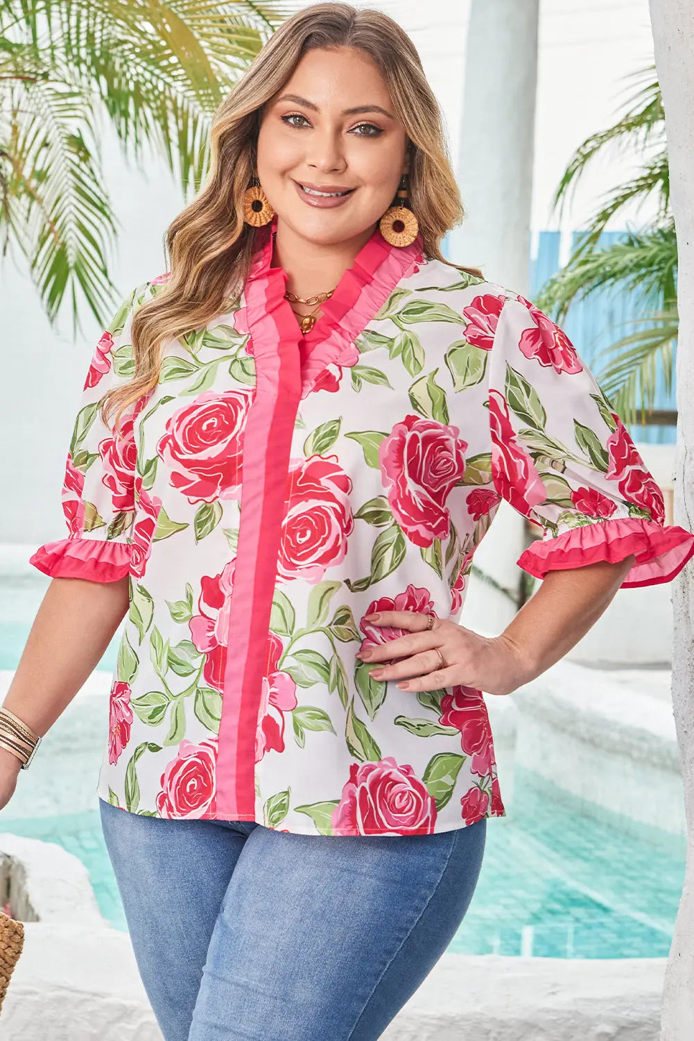 Elise Plus Size Floral Frilled Stripes Blouse Threaded Pear
