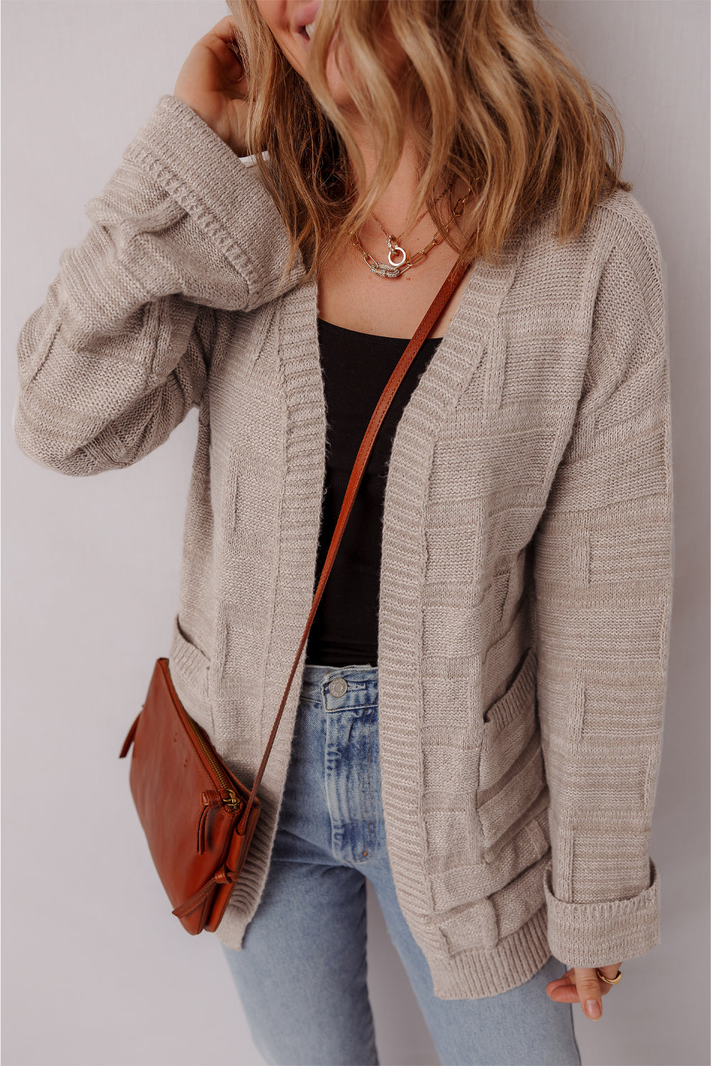 Athena Knit Open Front Chic Cardigan with Pockets Threaded Pear