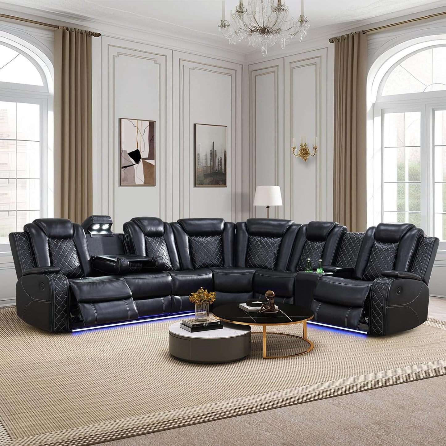Power Recliner Sectional Sofa Set, Leather Sectional Sofa Sets for Living Room, Power Reclining Sectional Couch with Led Lights, Cup Holder, Wireless Charging, Hidden Storage, Black