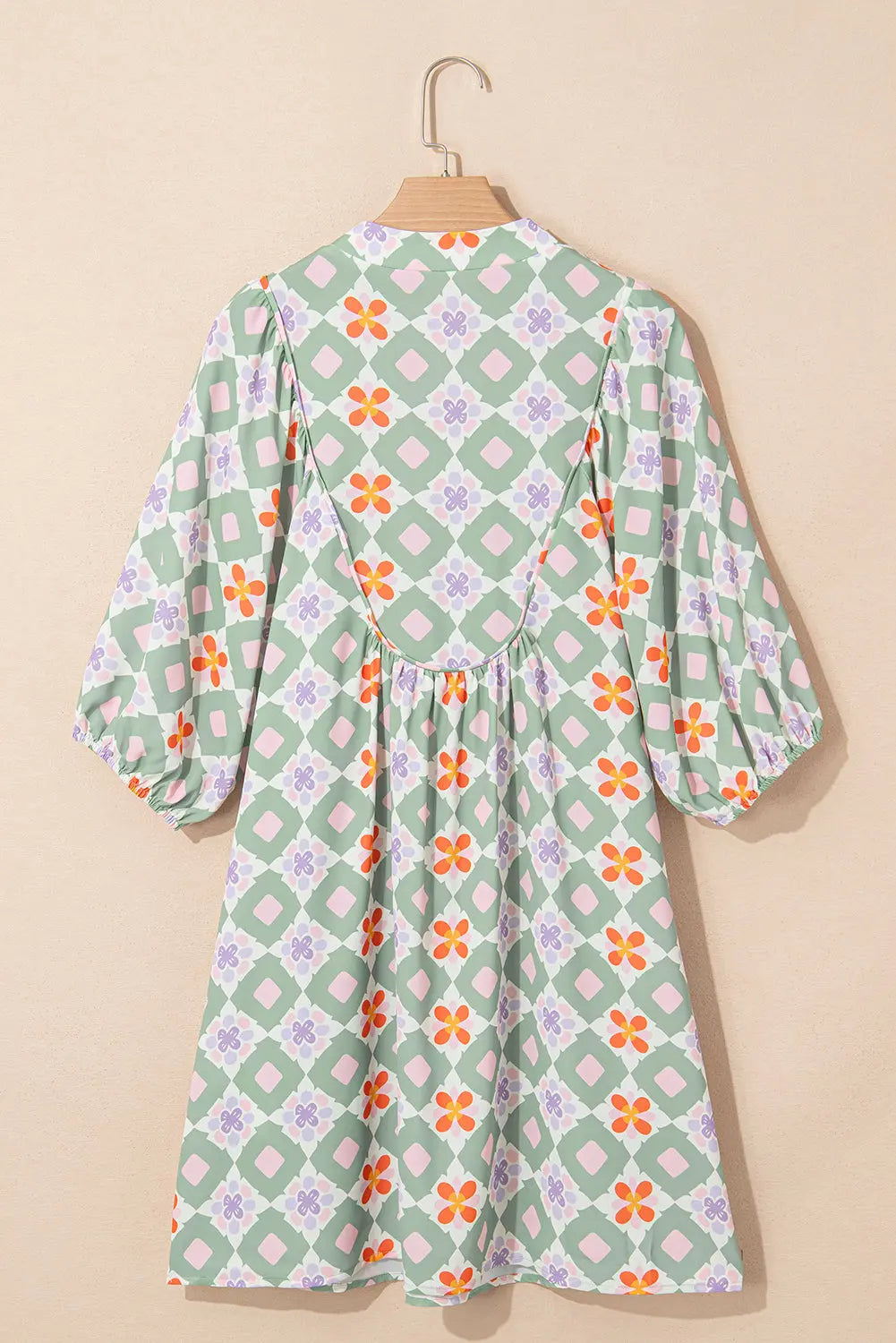 Reagan Floral Print 3/4 Sleeve Notched Neck Mini Dress Threaded Pear