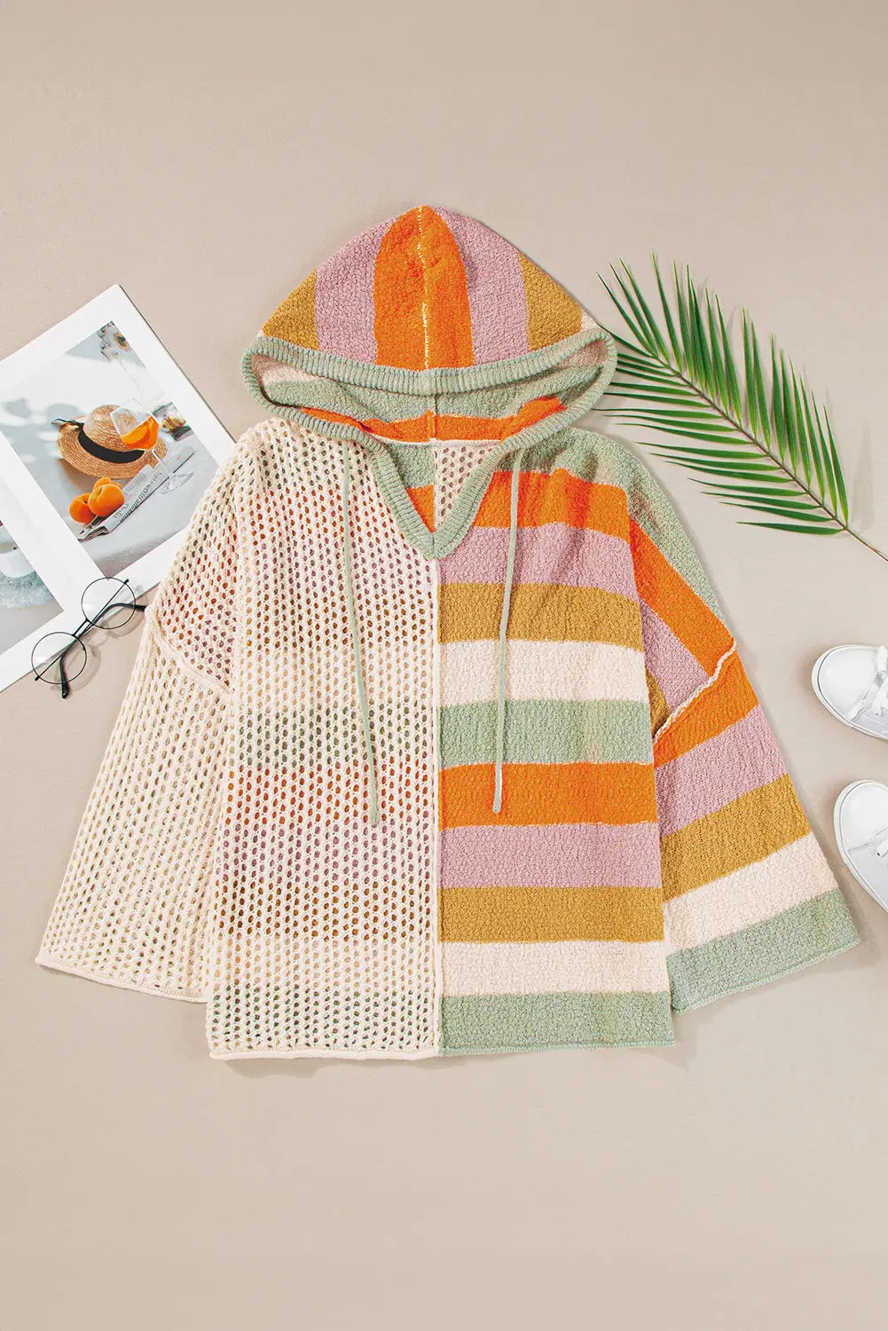 Harper Oversized Colorblock V Neck Hooded Sweater Threaded Pear