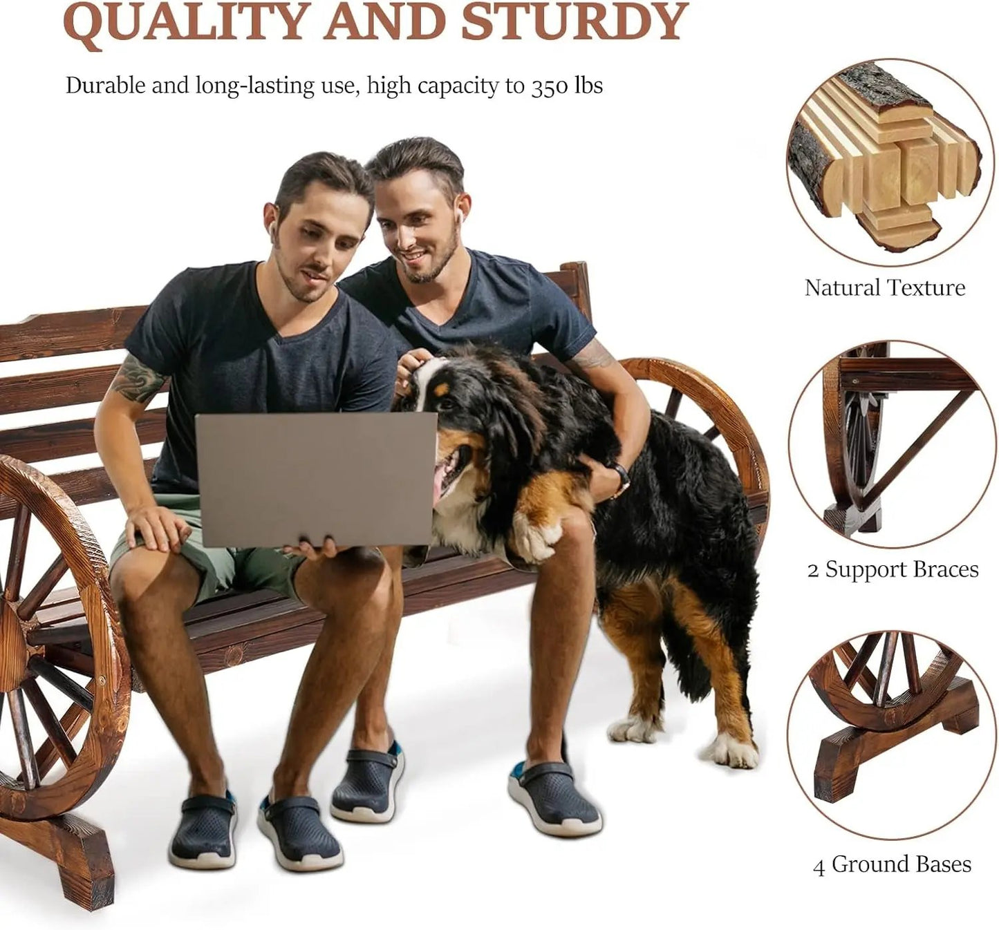 Rustic Wooden Garden Bench with Wagon Wheel Arms-4