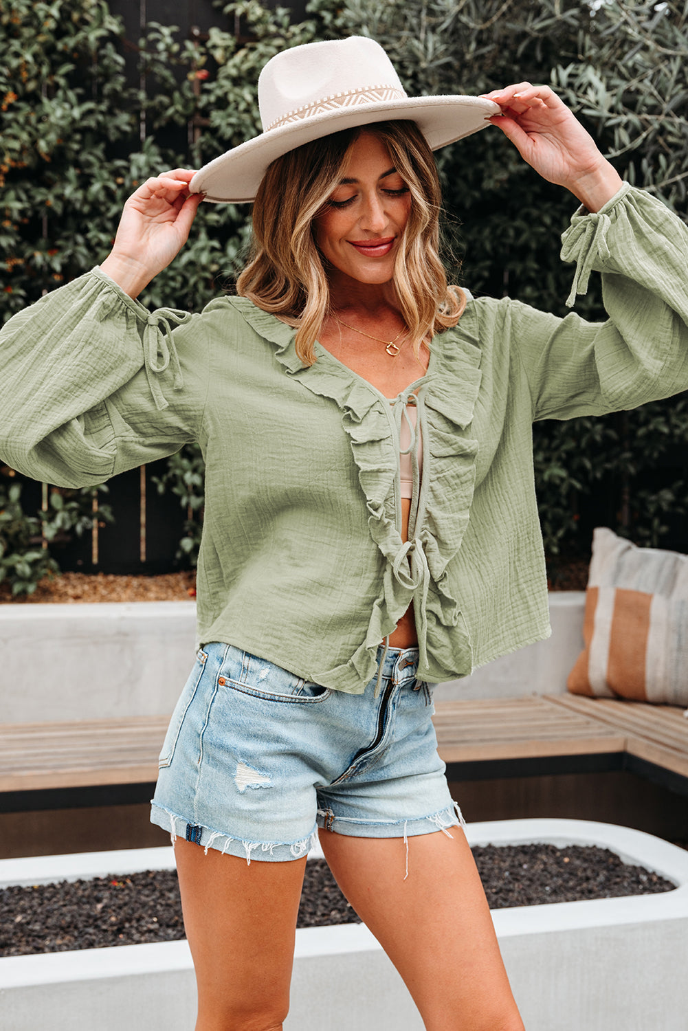 Natalia Bow Tie Front Ruffle Trim Long Sleeve Gauze Blouse - Get it from Bo