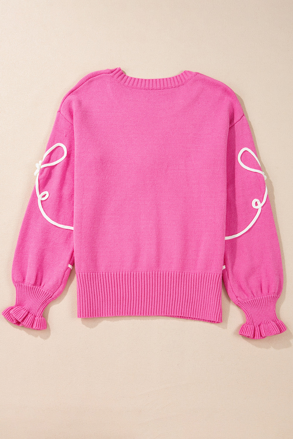 Corded Flower Bow Ribbed Trim Casual Sweater Threaded Pear