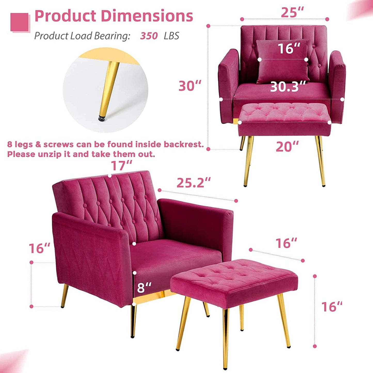 Accent Chair Recliner With Adjustable Armrests Fuchsia ShipItFurniture