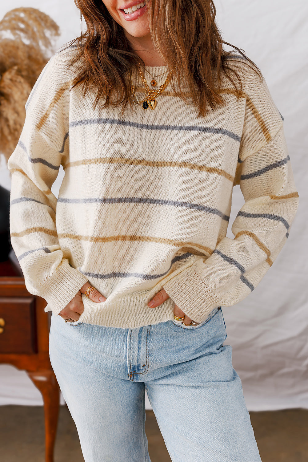 Eden Striped Ribbed Edge Drop Shoulder Sweater Threaded Pear