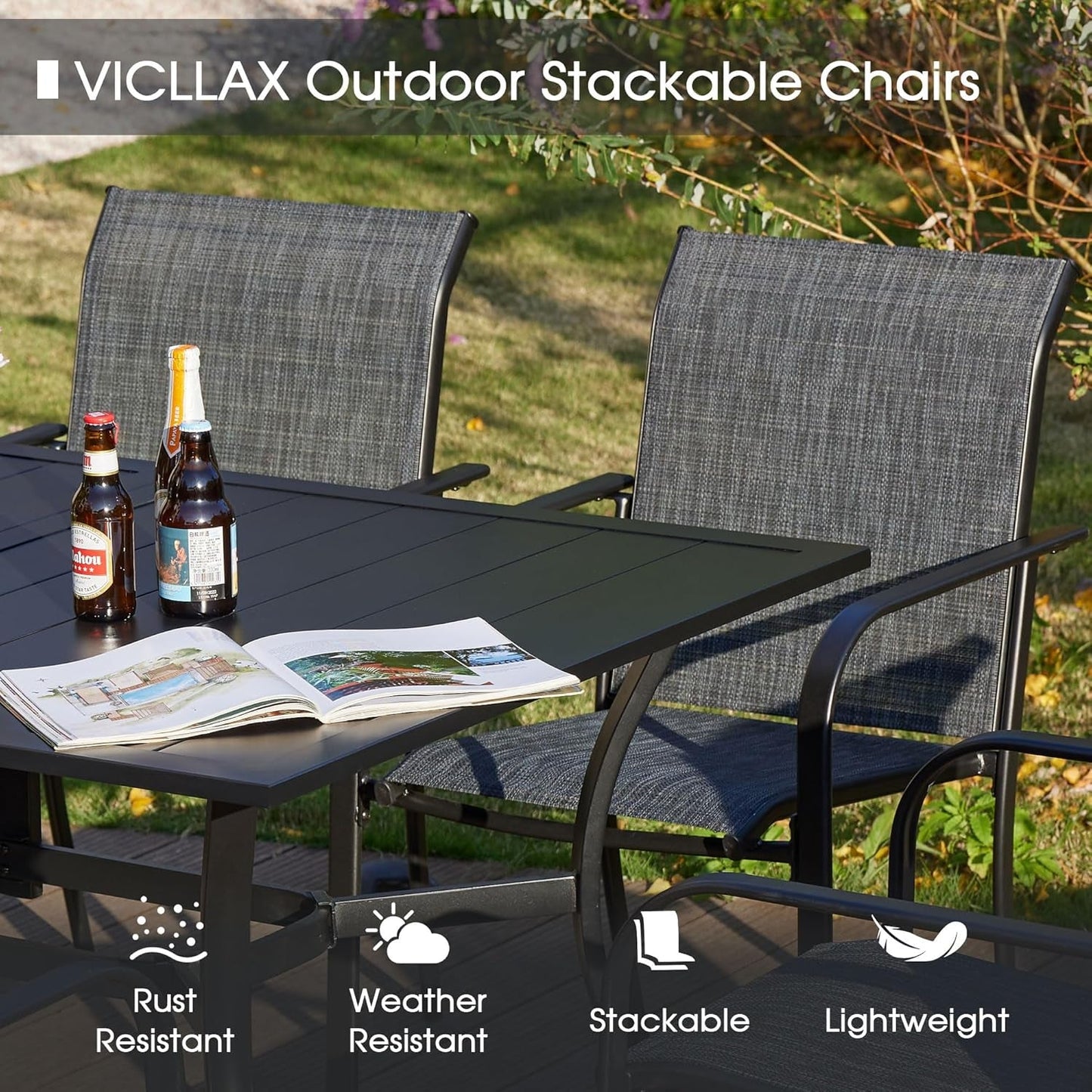 5 Pieces Patio Dining Set, Outdoor Furniture Set Includes 1 Square Patio Table and 4 Stackable Patio Sling Chairs, Outdoor Table and Chairs for Outsides, Black Table and Grey Chairs ShipItFurniture