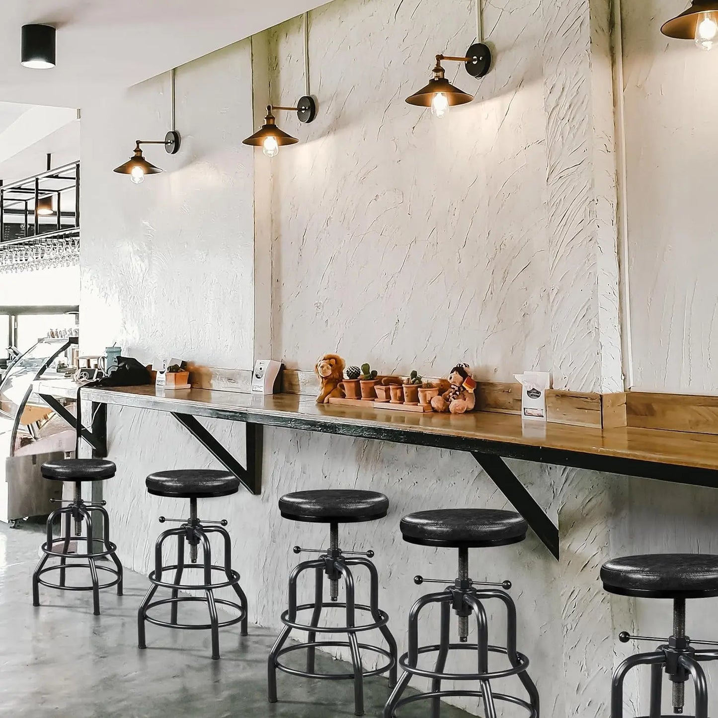 Industrial Bar Stools Vintage Counter Height Bar Stool with round Faux Leather Seat Metal Stool Adjustable Kitchen Stool 21.5-28 Inch Tall Black, 1PCS ShipItFurniture