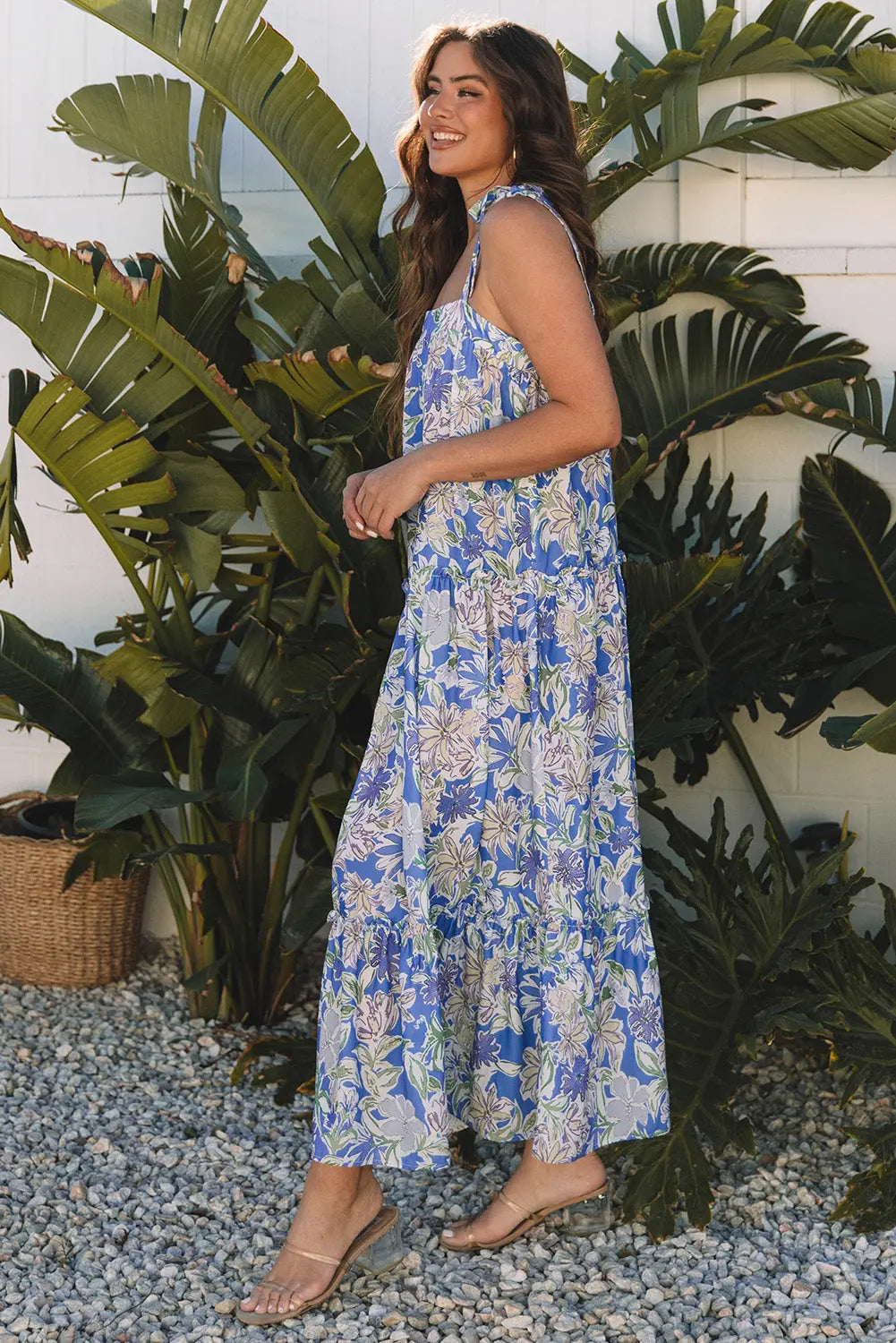 Katelyn Floral Self-tie Straps Ruffle Long Dress Threaded Pear