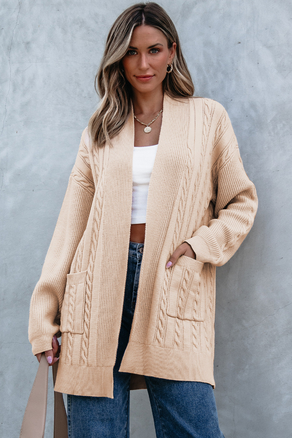 Jade Oversize Chunky Cable Knit Midi-length Cardigan Threaded Pear
