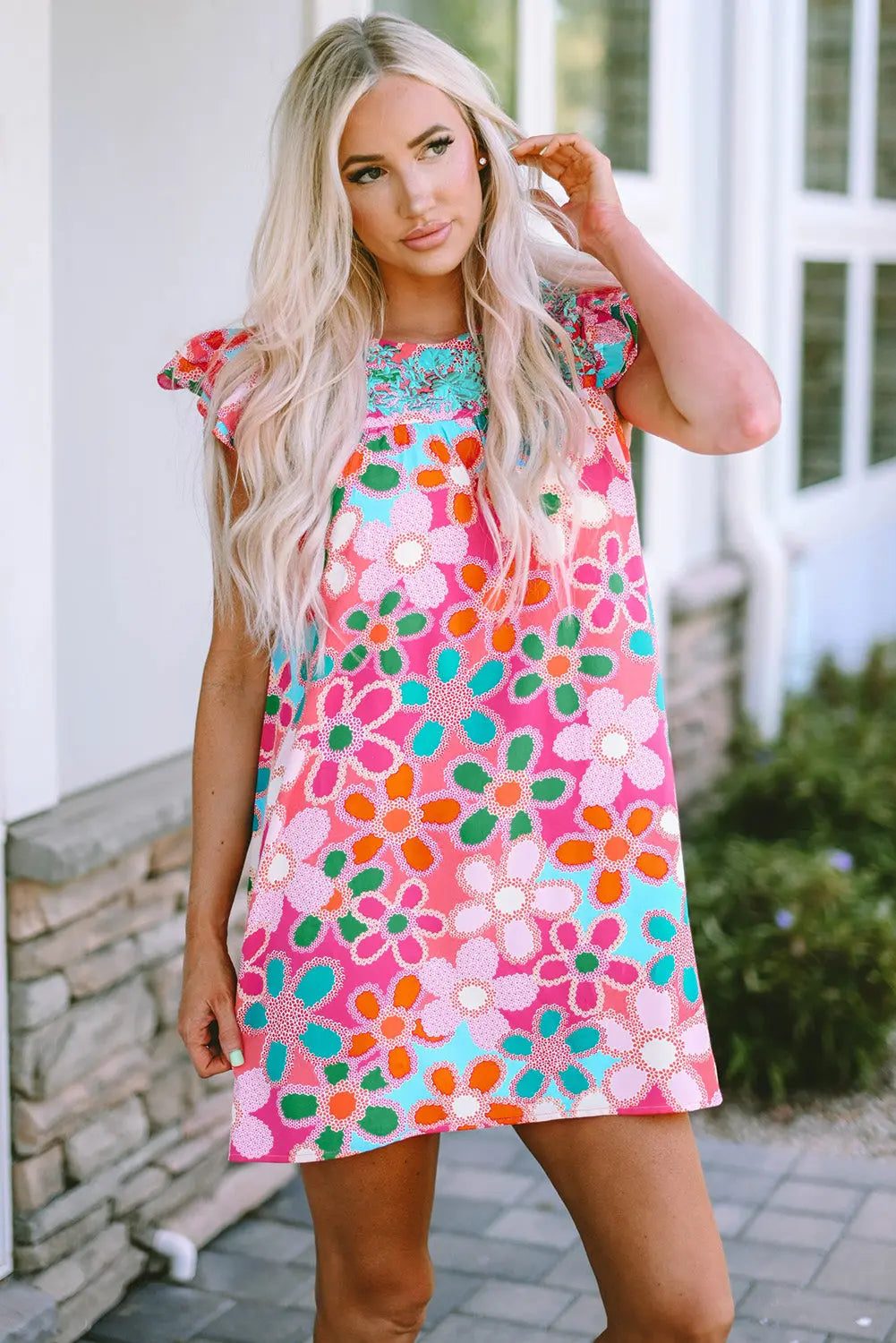 Della Ruffle Short Sleeve Floral Babydoll Dress Threaded Pear