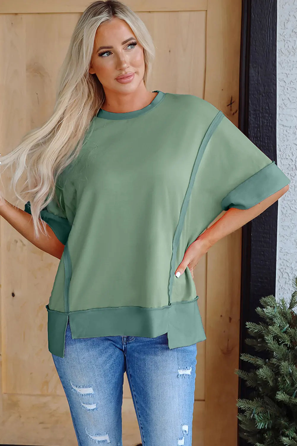 Mikaela Half Sleeve Raw Seam Split Top Threaded Pear