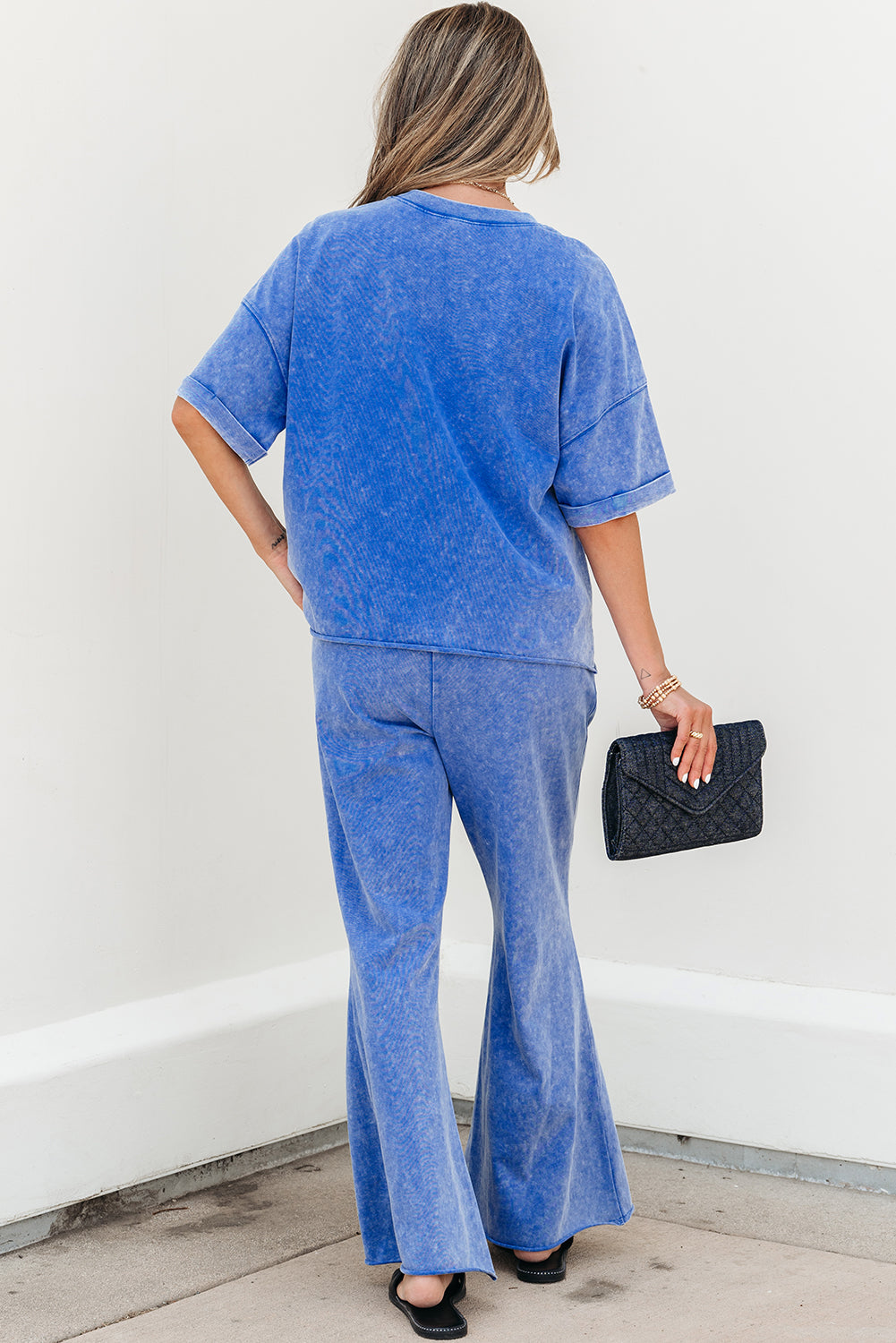 Arabella Acid Wash Star Patched Rolled Trim Pants Set Threaded Pear