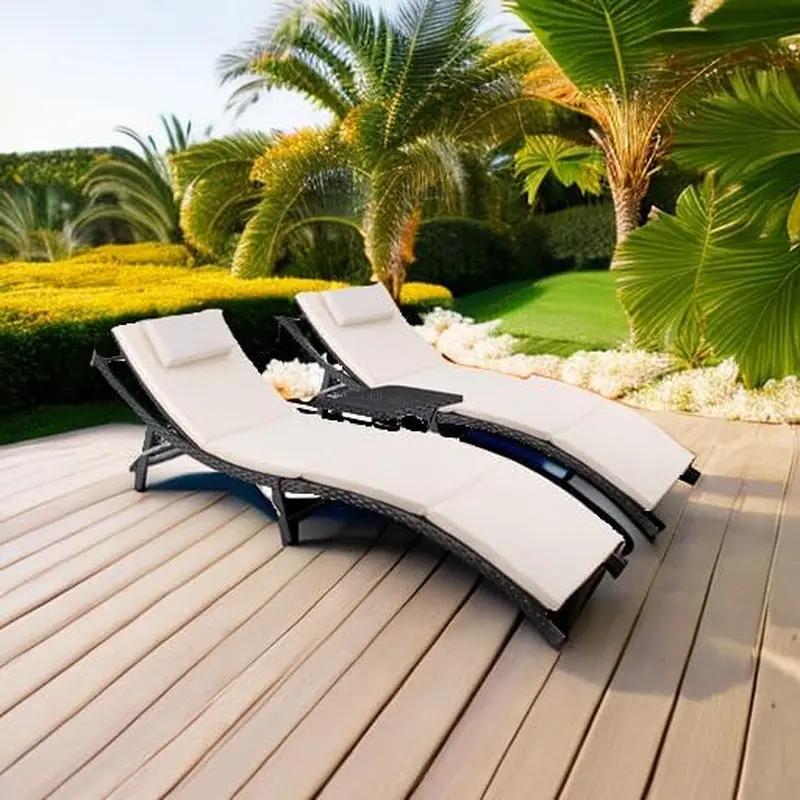 Adjustable Outdoor Rattan Chaise Lounge Set With Table-4