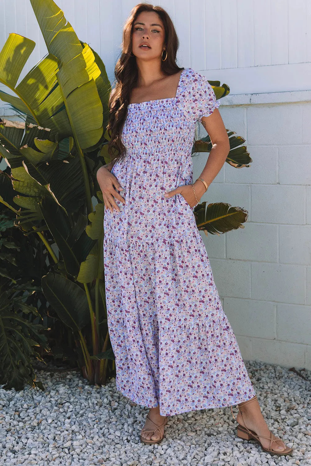 Lacey Floral Short Bubble Sleeve Maxi Dress Threaded Pear