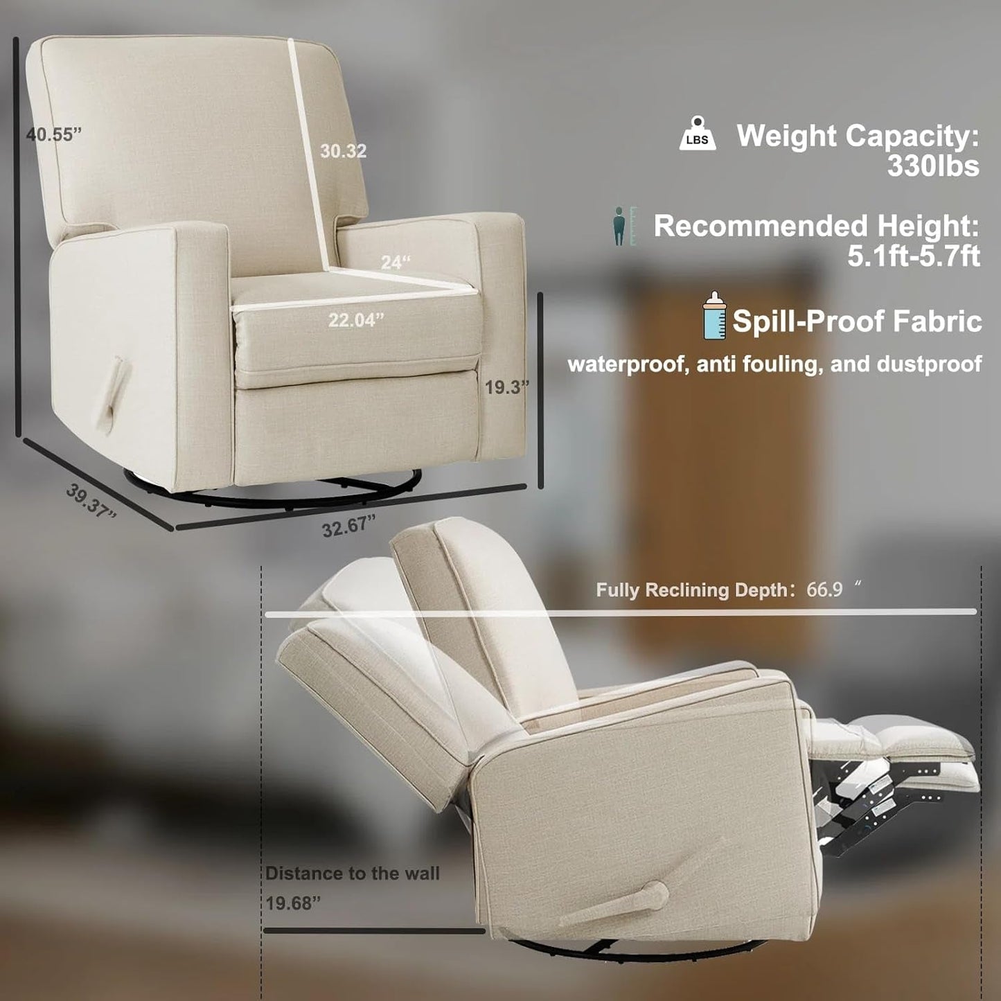 Beige Fabric Swivel Rocker Recliner Armchair DeepSeat ShipItFurniture