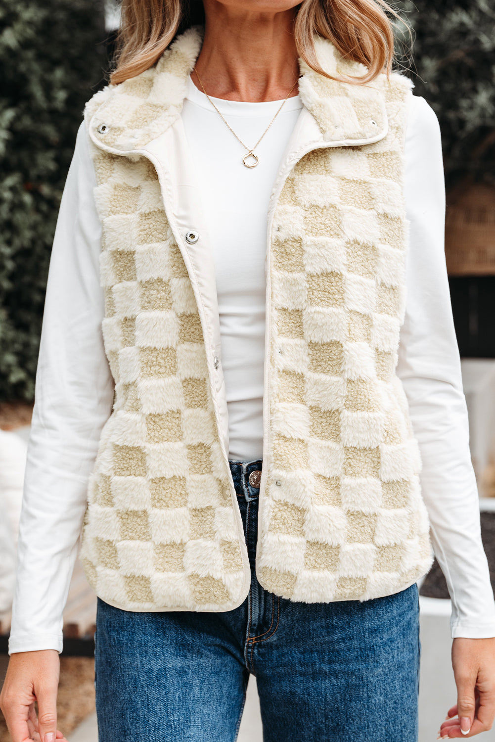 Stevie Sherpa Checkerboard Button Vest With Pocket Threaded Pear