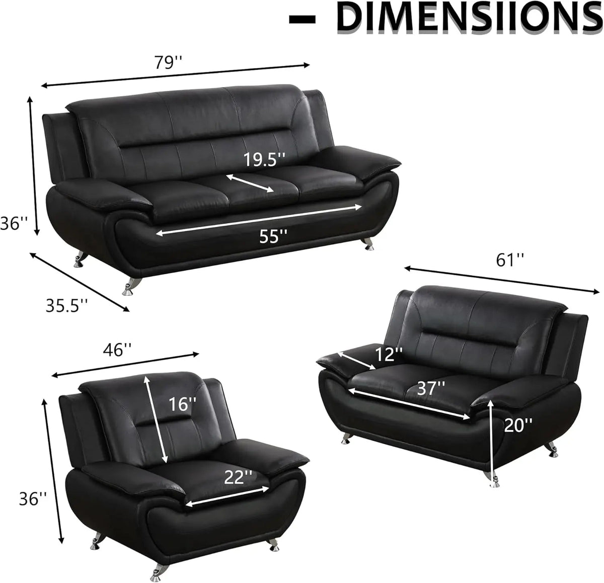 3 Piece Black Sofa Set Modern Living Room Couch Set Sofa Loveseat Chair For Home Decor - Get it from Bo