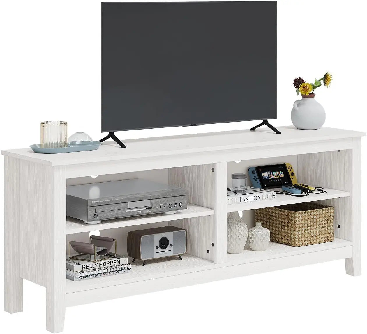 White Four Cubby TV Stand For 60 Inch TV With Open Storage ShipItFurniture
