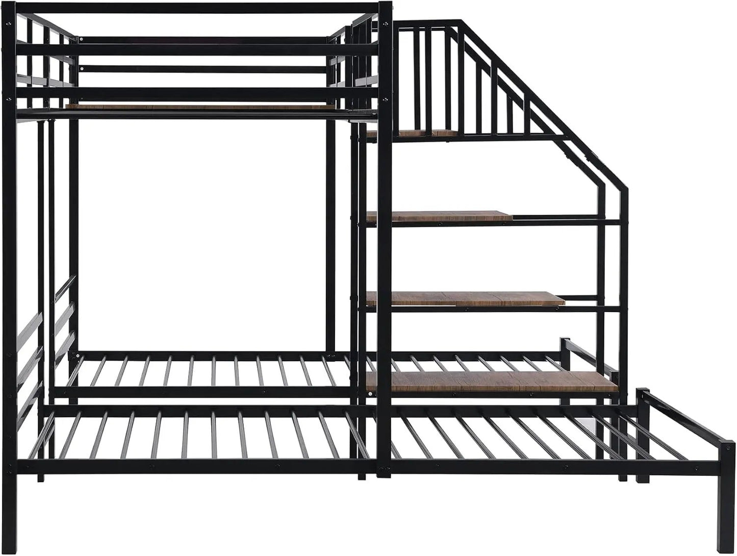 Metal Triple Bunk Bed with Stairs, 3 Beds Bunk Bed, Twin over Twin & Twin Bunk Bed with Storage Shelves Staircase, for Kids Teens Adults, Black-4