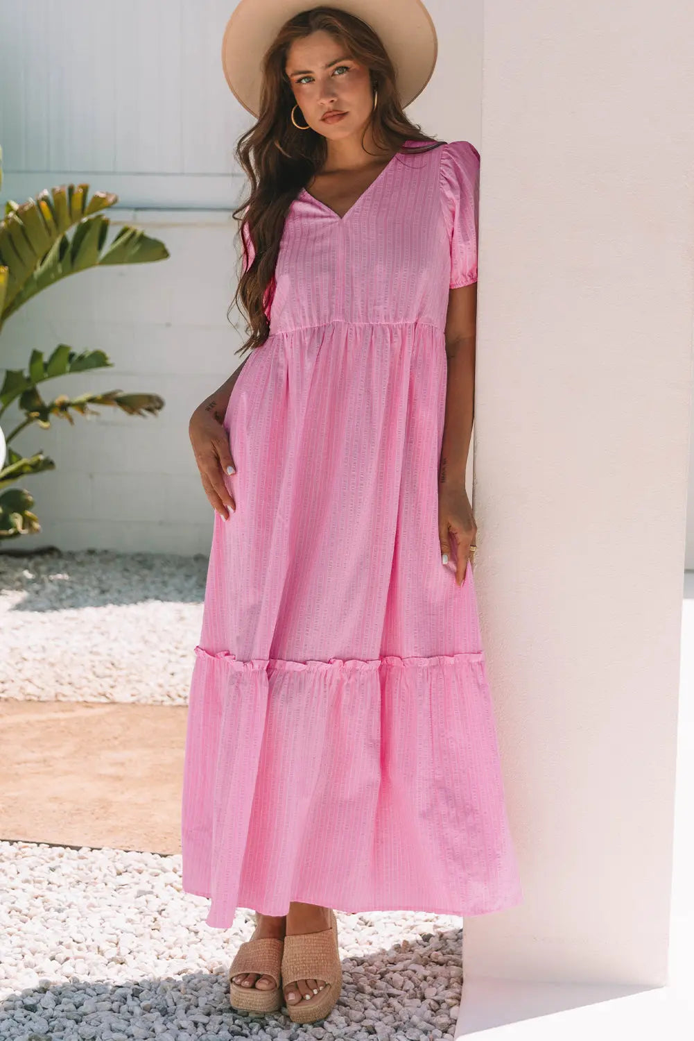 Ella Stripe V Neck Puff Short Sleeve Maxi Dress Threaded Pear