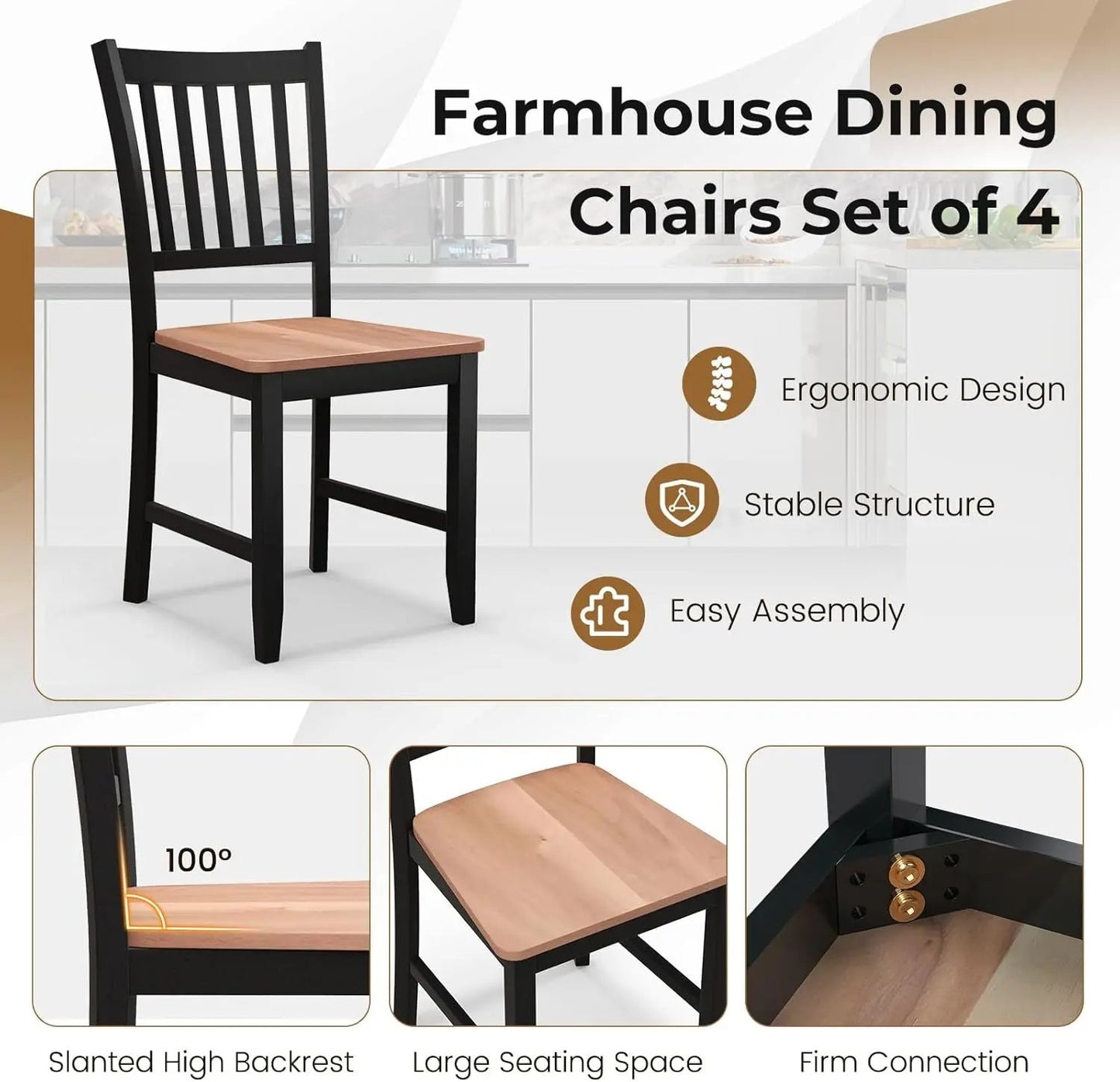 Wooden Dining Chairs Set of 4, Farmhouse Kitchen Chair with Rubber Wood Legs, Easy to Assemble Armless Dining Side Chairs, Dining Room Chairs, Black-4