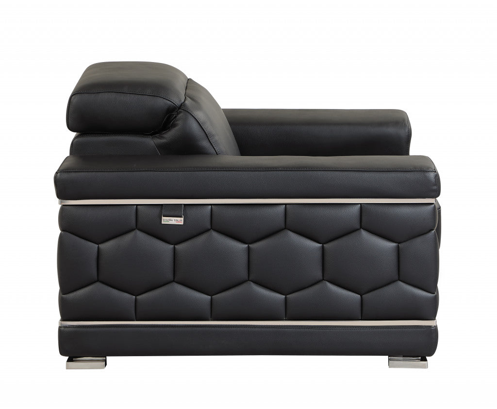 47" Black And Silver Genuine Leather Arm Chair
