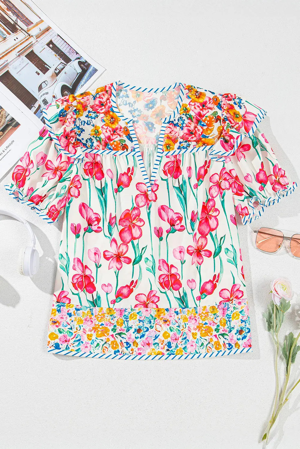 Greta Floral Split Neck Short Sleeve Blouse Threaded Pear