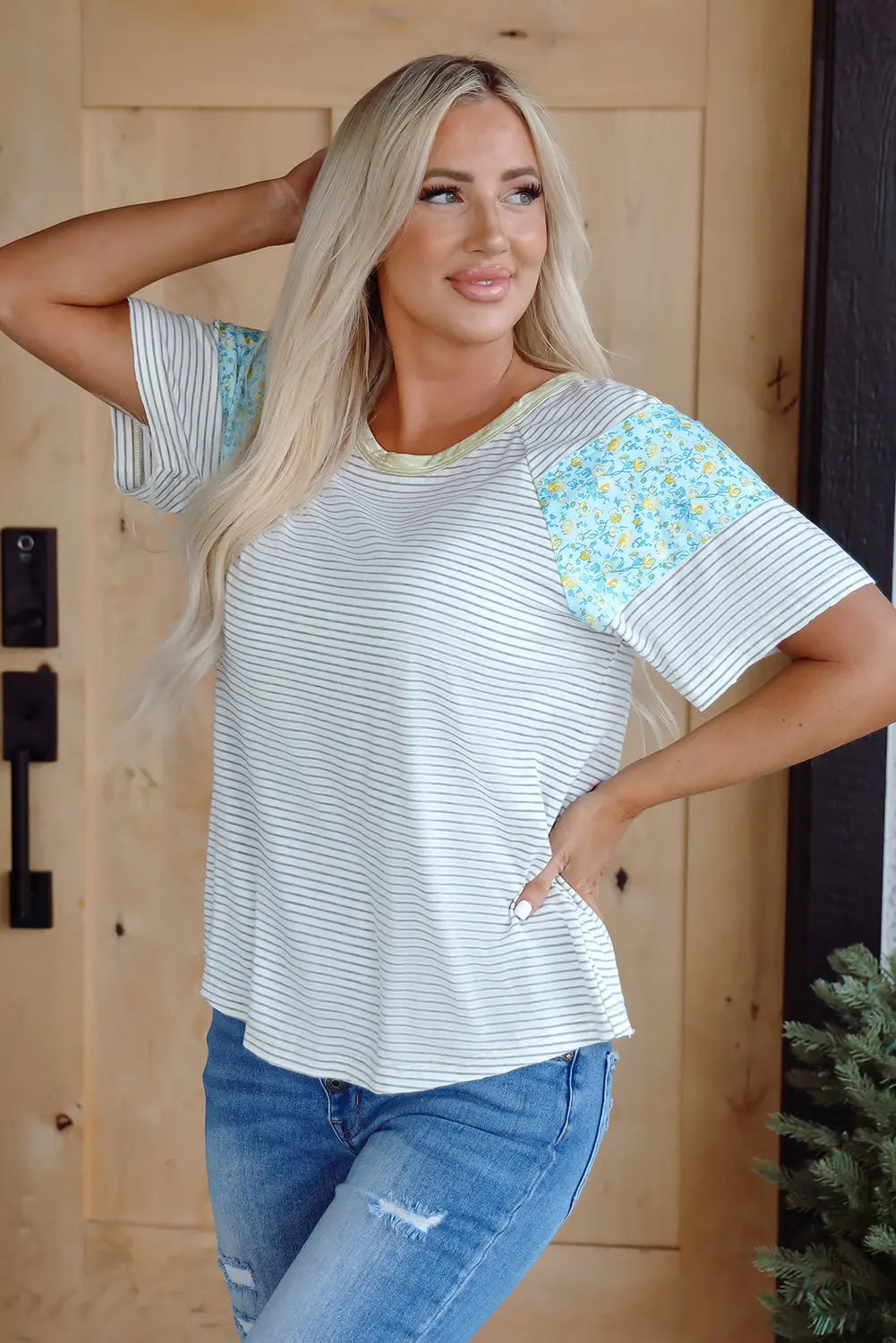 Chana Stripe Floral Sleeves Top Threaded Pear