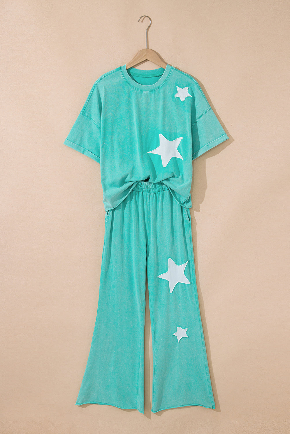 Arabella Acid Wash Star Patched Rolled Trim Pants Set Threaded Pear
