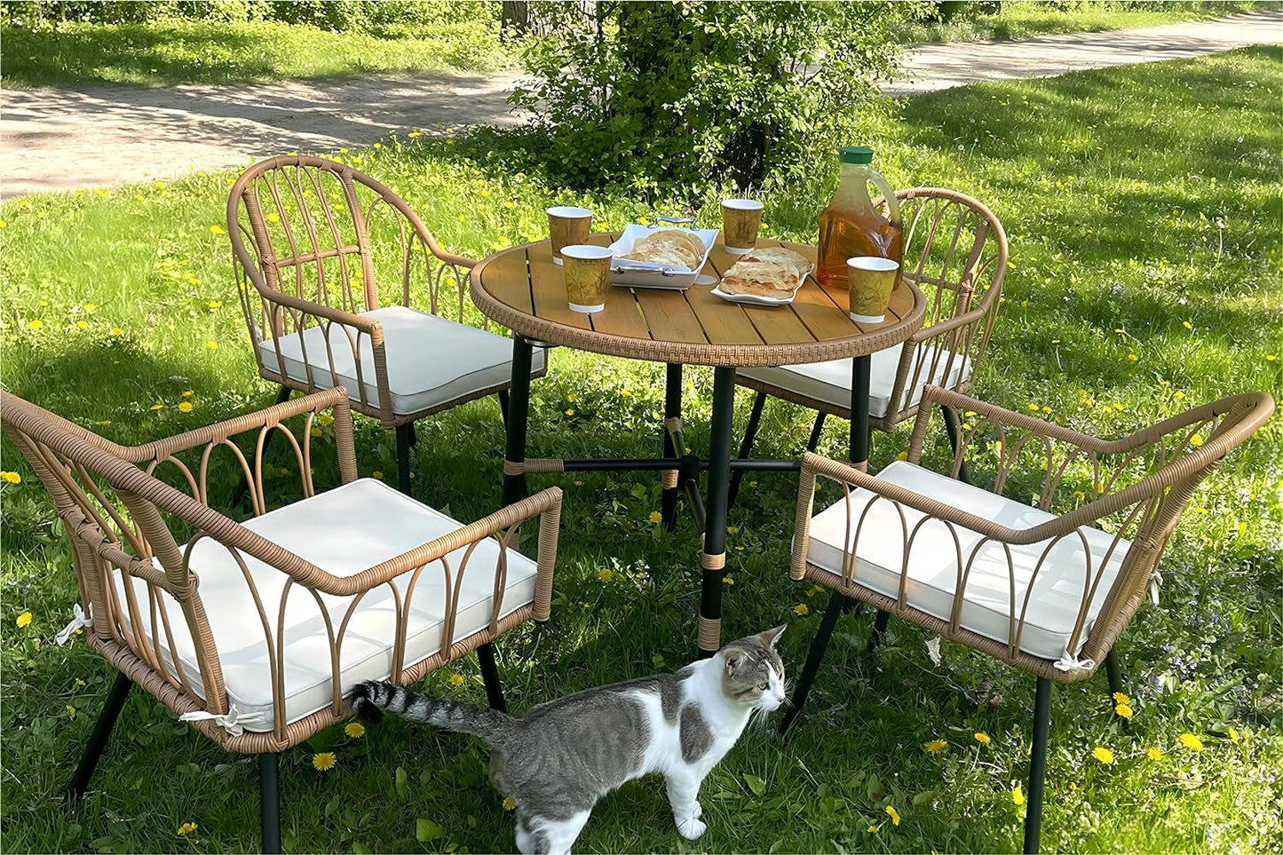 5 Pieces Outdoor Patio Dining Table Chair Set,Wicker Patio Dining Set,Outdoor Rattan Dining Table Set for Patio, Backyard, Balcony, Garden (With Umbrella Hole), Beige ShipItFurniture