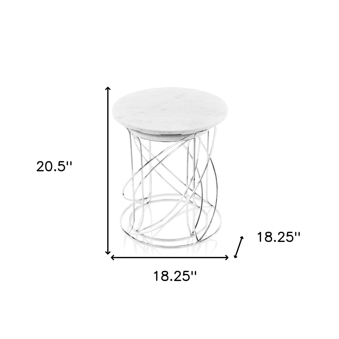 Set of Two White and Silver Marble and Metal Round Pedestal End Tables