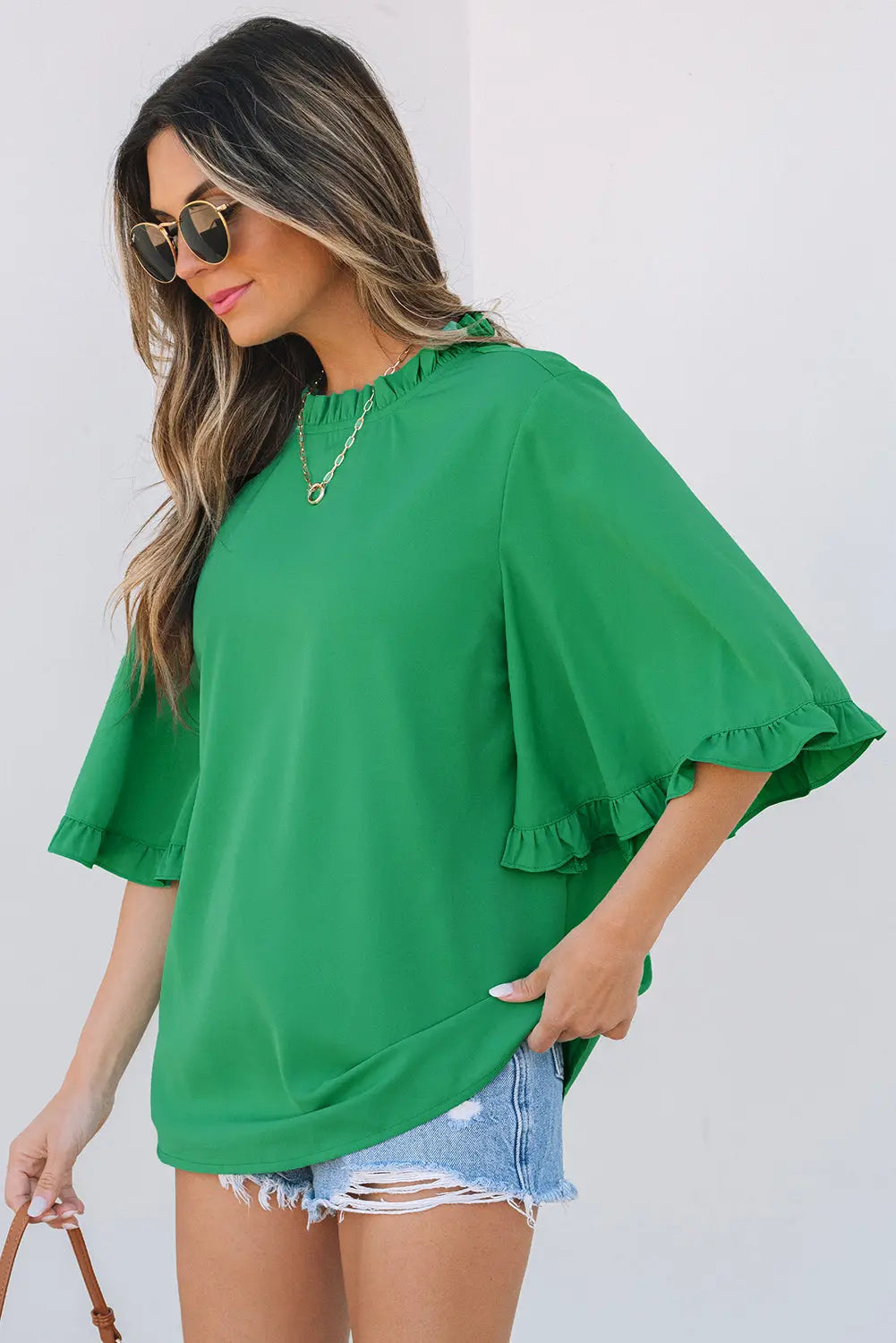 Holland Frilly Half Sleeve Blouse Threaded Pear