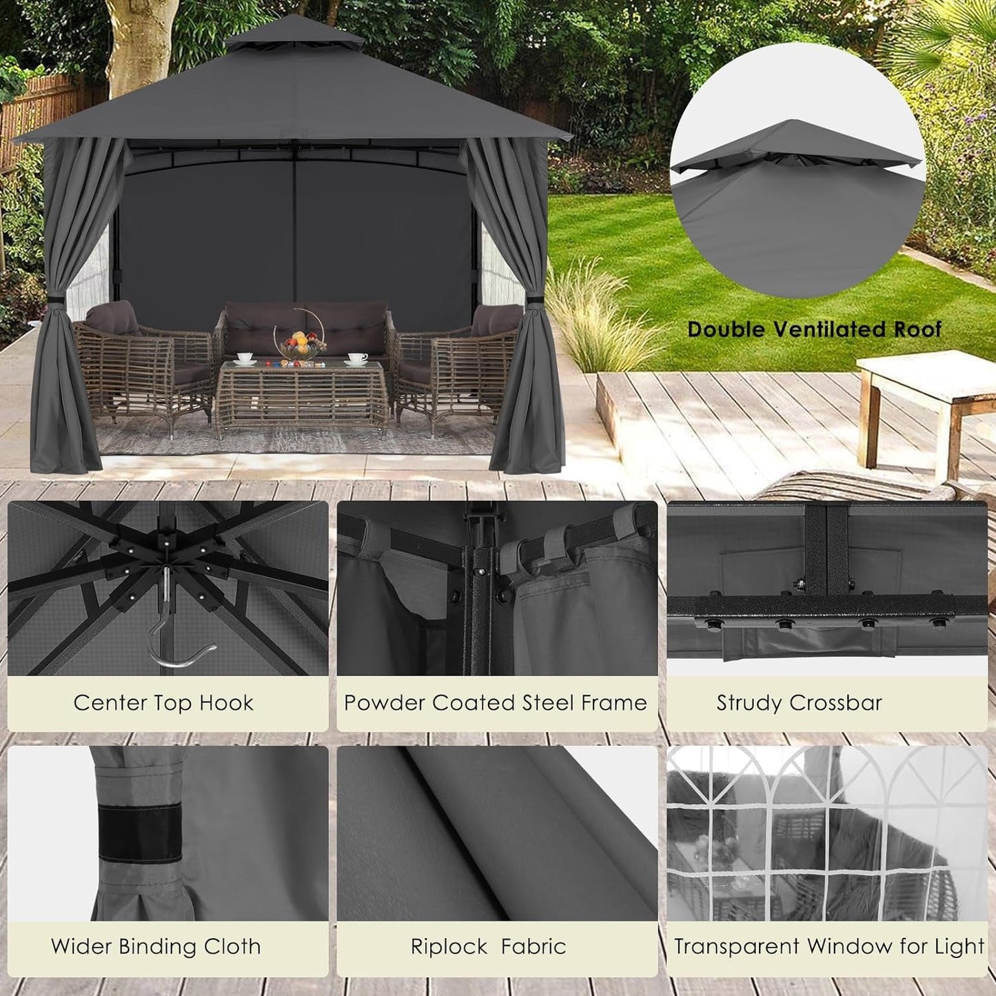 Patio Gazebo Steel Frame Outdoor Gazebo with Windows Curtains ShipItFurniture