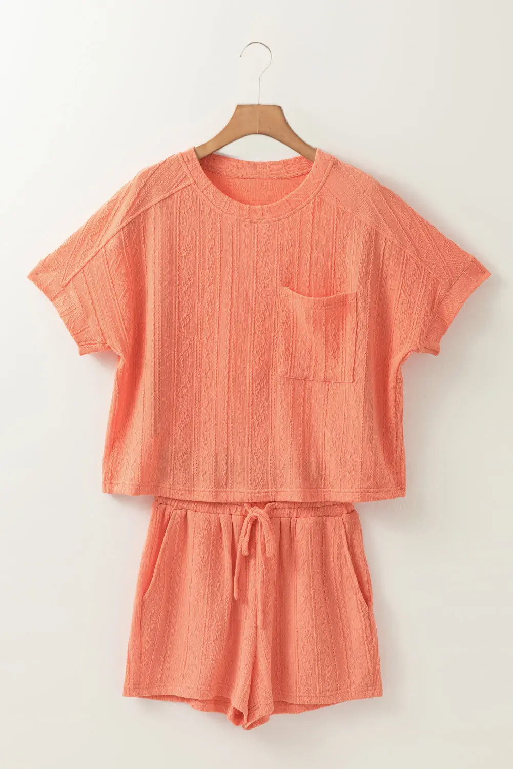Rylie Textured Patched Pocket Drawstring Shorts Set Threaded Pear
