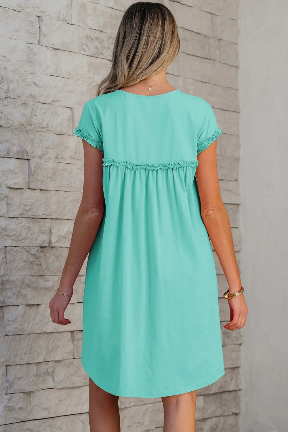 Keily Frilled Trim Loose Fit Mini Dress Threaded Pear