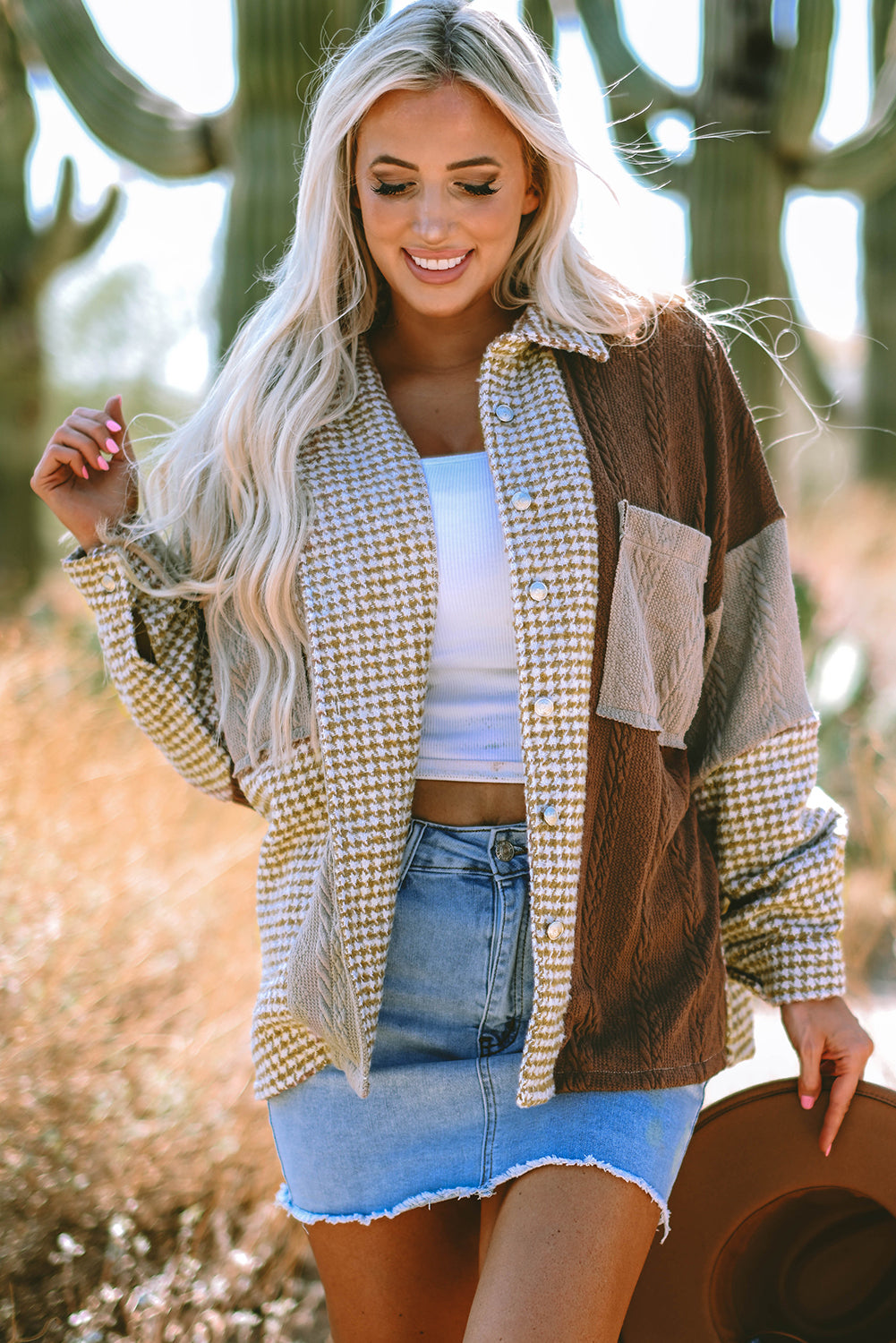 Luna Houndstooth Loose Shacket Threaded Pear